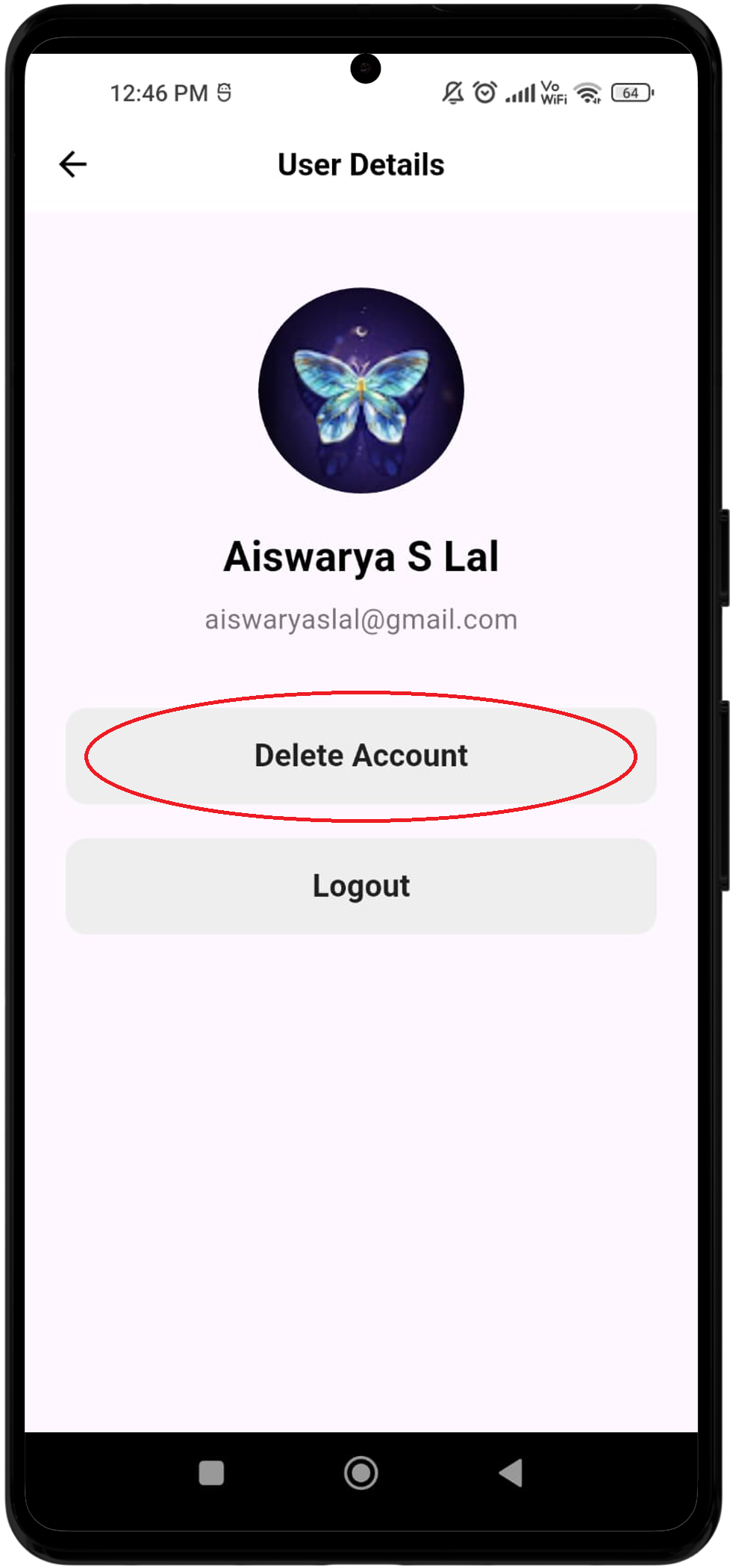 Tap the **DELETE ACCOUNT** button on the user details screen.