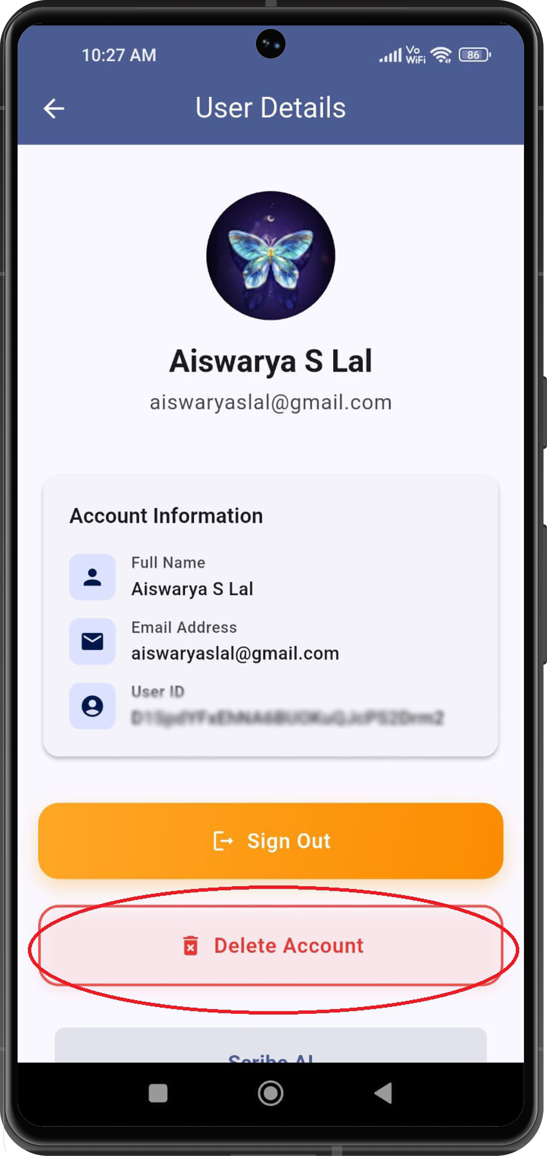 Tap the **DELETE ACCOUNT** button on the user details screen.